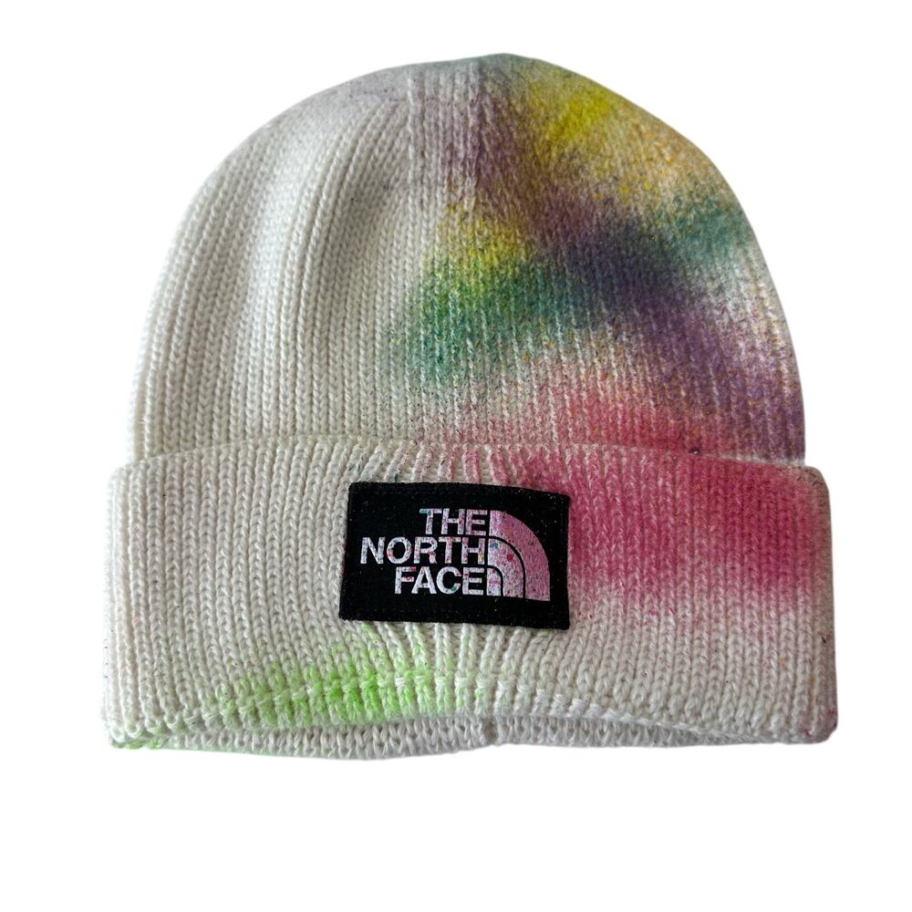 The North Face (OS) Paint-Splatter Tie-Dye Logo Box Beanie White Multicolor Hat